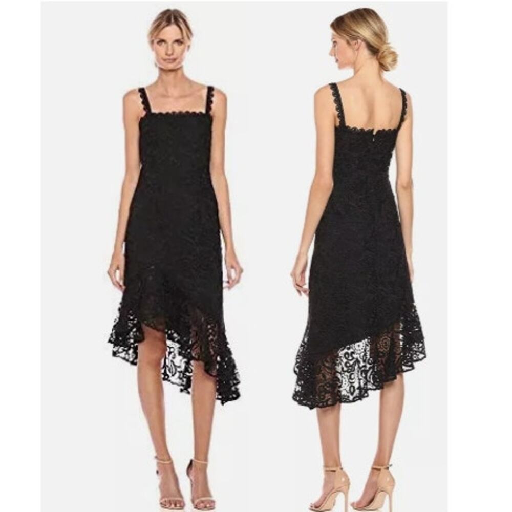 AMUR Size 8 Black Floral Lace Overlay Asymmetrical Midi Dress NWT